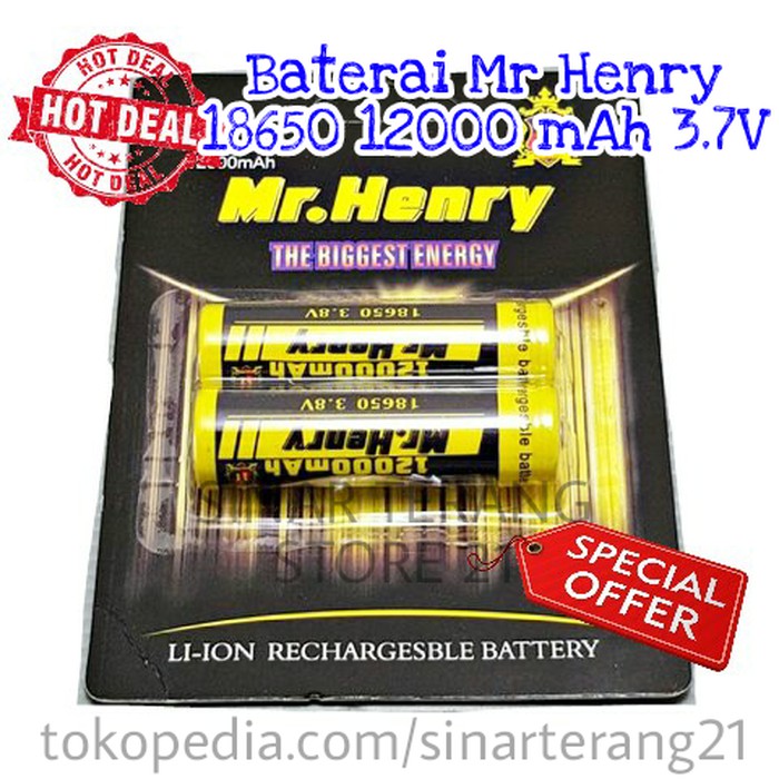 Baterai 18650 12000 mAh 3.7V MR HENRY TOP BUTTON Batre Charge Li SWAT