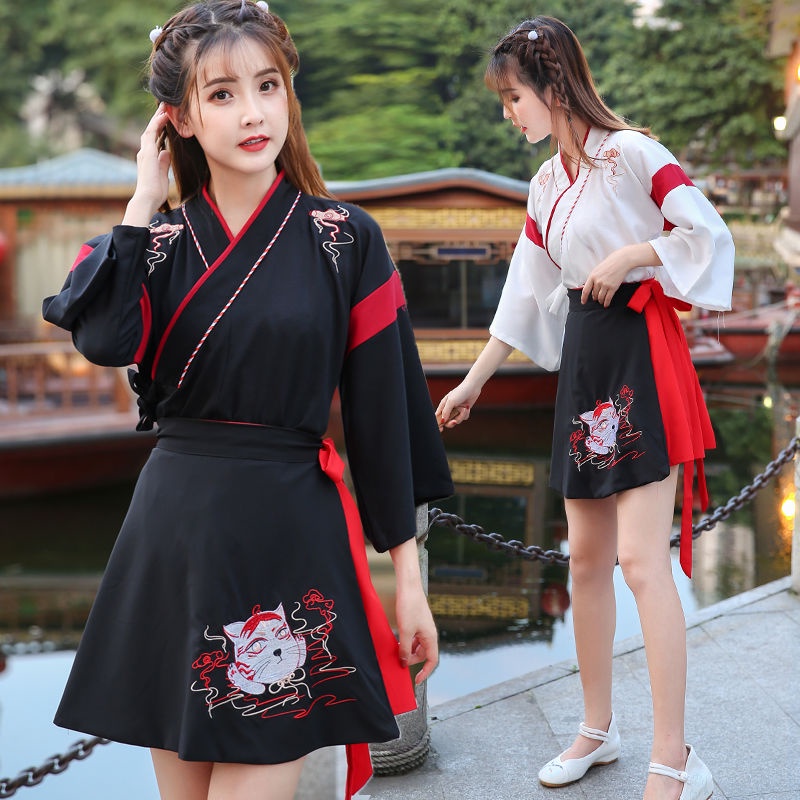 Improved Hanfu female student costume cat and cross collar suit lingmao two-piece embroidery everyda