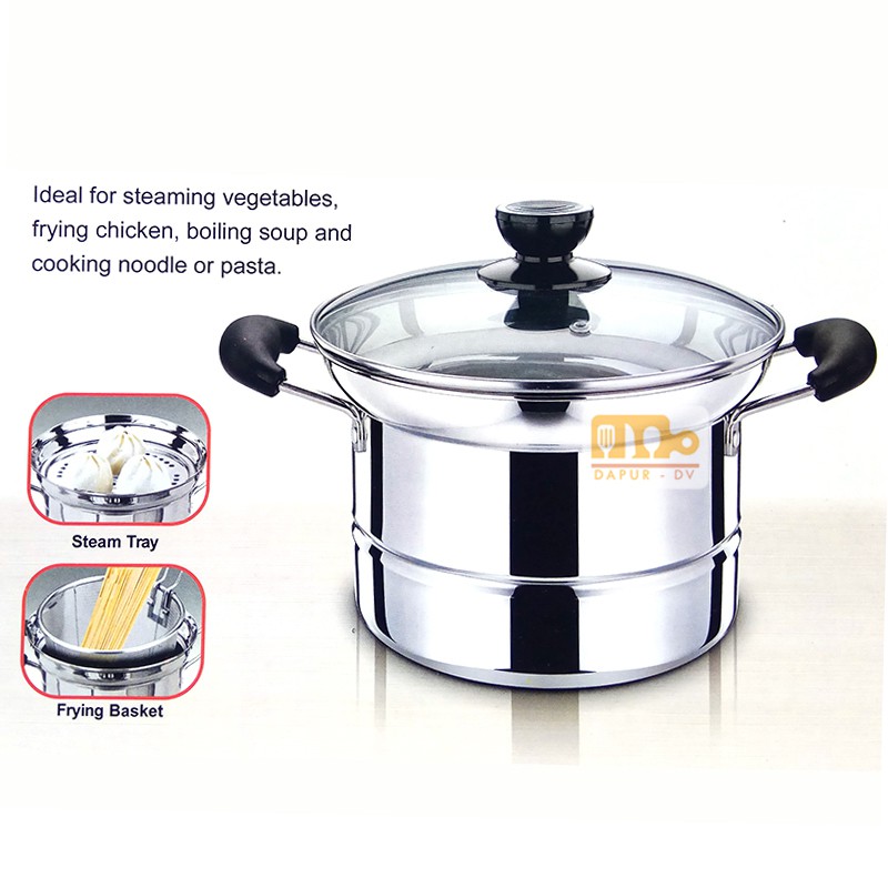 Panci Deep Fryer 3 in 1 Stainless Steel 22 cm - Panci Goreng/ Kukus/ Rebus handle samping