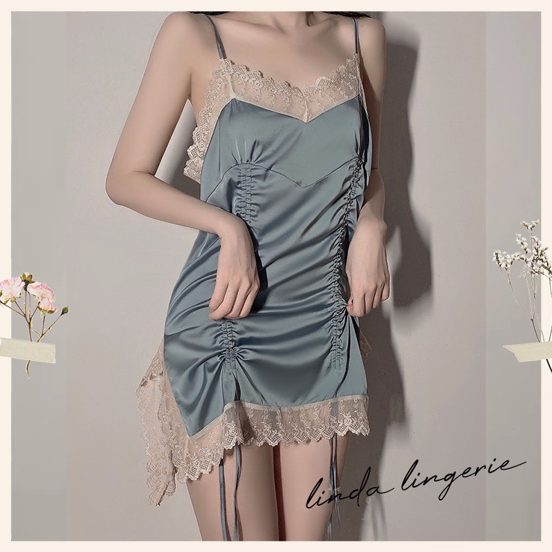 Lingerie Sexy Baju Tidur Sexy Baju Malam Pertama Satin Sleepdress-blue