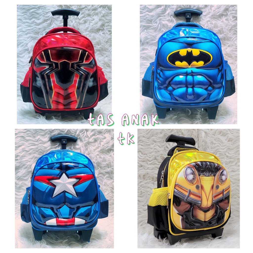 Tas Dorong Troli Anak COWOK PAUD Karakter SUPERHERO SPIDERMAN BATMAN KAPTEN TRANSFORMERS - IMPORT