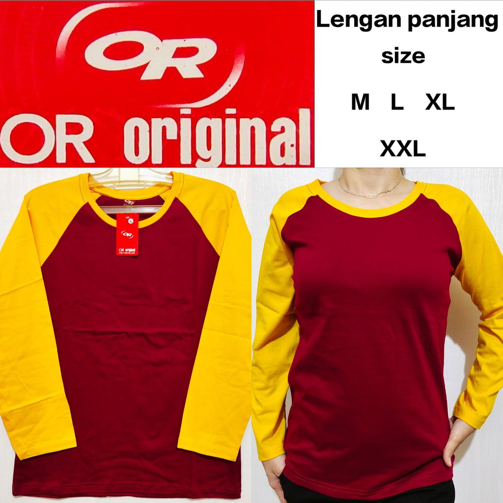 kaos polos raglan merah maron lengan kuning panjang M L XL XXL