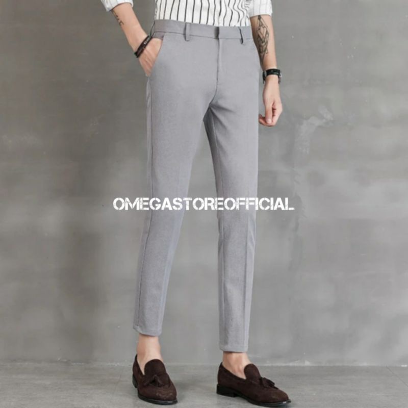 OMEGASTOREOFFICIAL - Celana Ankle Pants Pria (formal, bahan, kantor, kain, kerja) Panjang Slimfit - Abu Muda