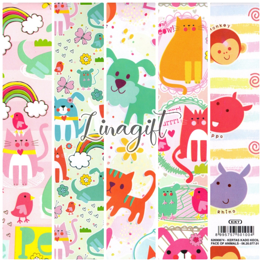 ( 5 Lembar ) FACE OF ANIMALS KIKY - KERTAS KADO - GIFT WRAPPING PAPER - DINOSAURUS / CAT / SAFARI / LION / CIRCUS / CUTE / ANAK / BIRTHDAY / ULANG TAHUN MOTIF