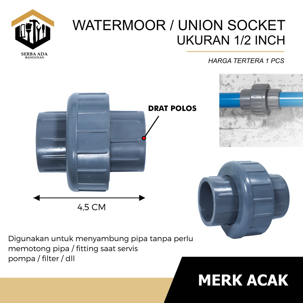 WATERMUR WATERMOOR POLOS PVC 1 - 1/2 - 3/4 INCH  WATER UNION SOCKET SAMBUNGAN DRAT PIPA