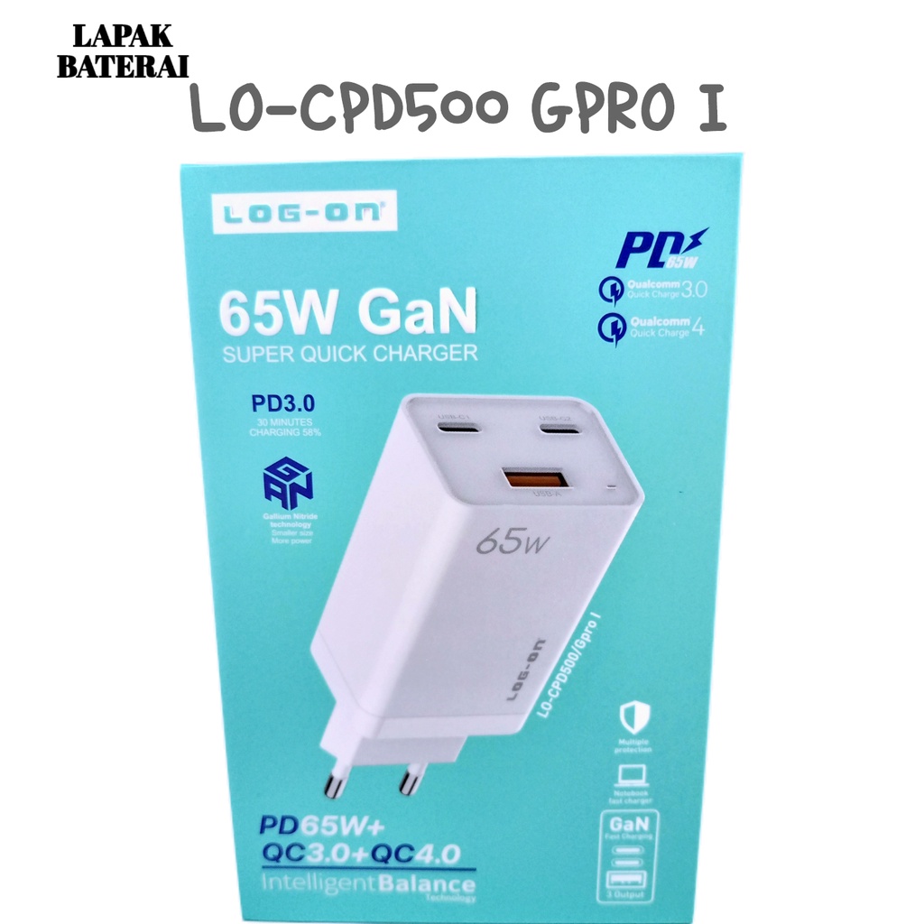 Log - on CPD500 65W GAN Batok Charger 3 Port PD3.0 QC4.0 Fast Charging Power Delivery