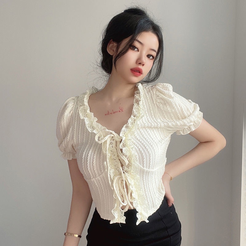 Rapcopter Gadis Renda Jamur Tepi Rajutan T-shirt Wanita Renda Lengan Puff Slim Fit dan Tipis Gadis P