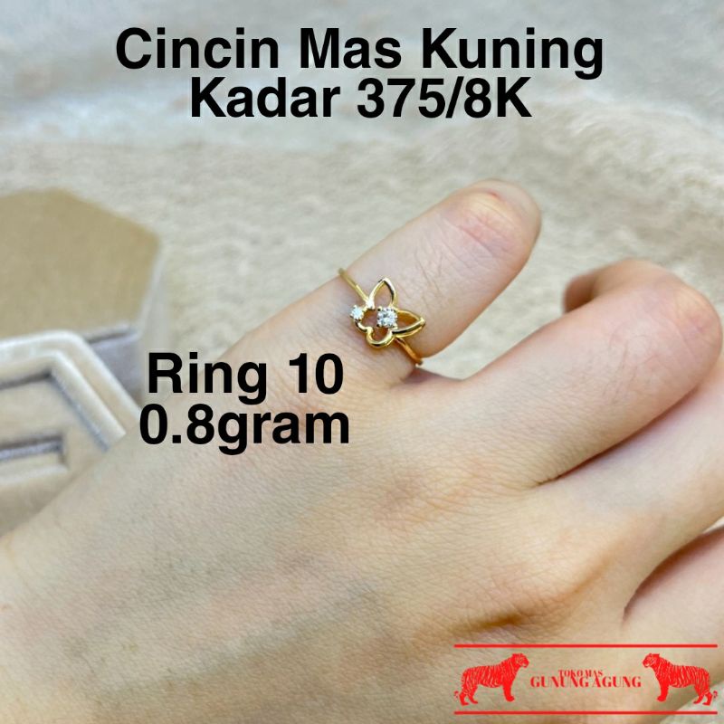 Cincin Emas Kuning 375/8K Model Butterfly Kupu Kupu Emas Asli Emas Muda