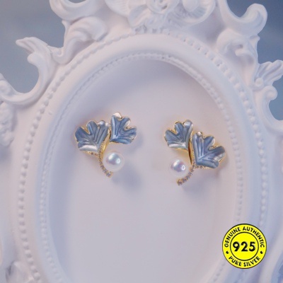 Anting Tusuk Sterling Silver 925 Lapis Emas 18K Desain Daun Ginkgo Hias Mutiara + Berlian Untuk Wanita