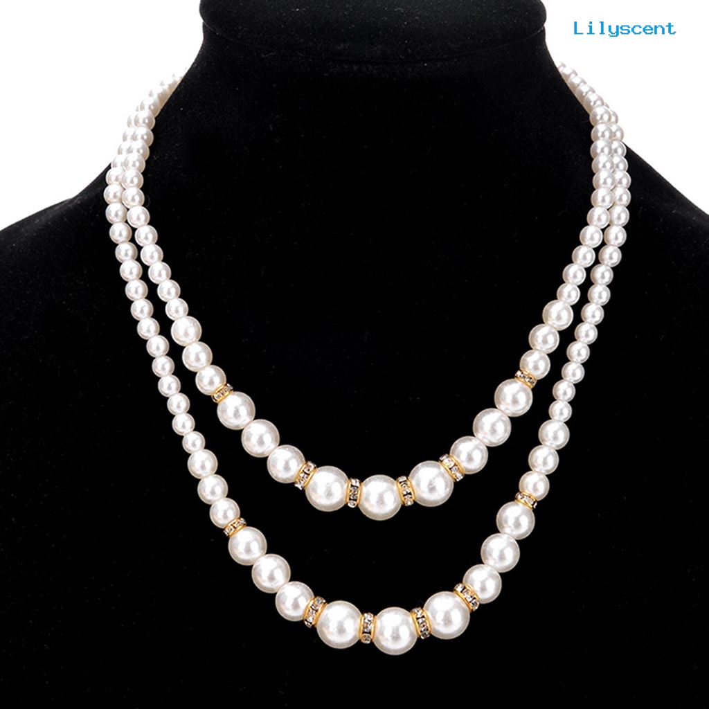 Kalung Double Layer Adjustable Aksen Mutiara Imitasi Untuk Pesta