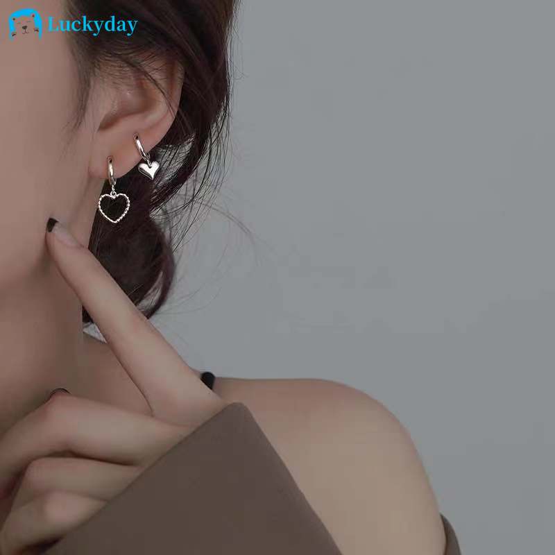 YEEZII 2Pcs/Set Korean Heart Pendant Stud Earrings Simple Silver Earring Ear Clip Earings for Women Accessories Jewelry Gift