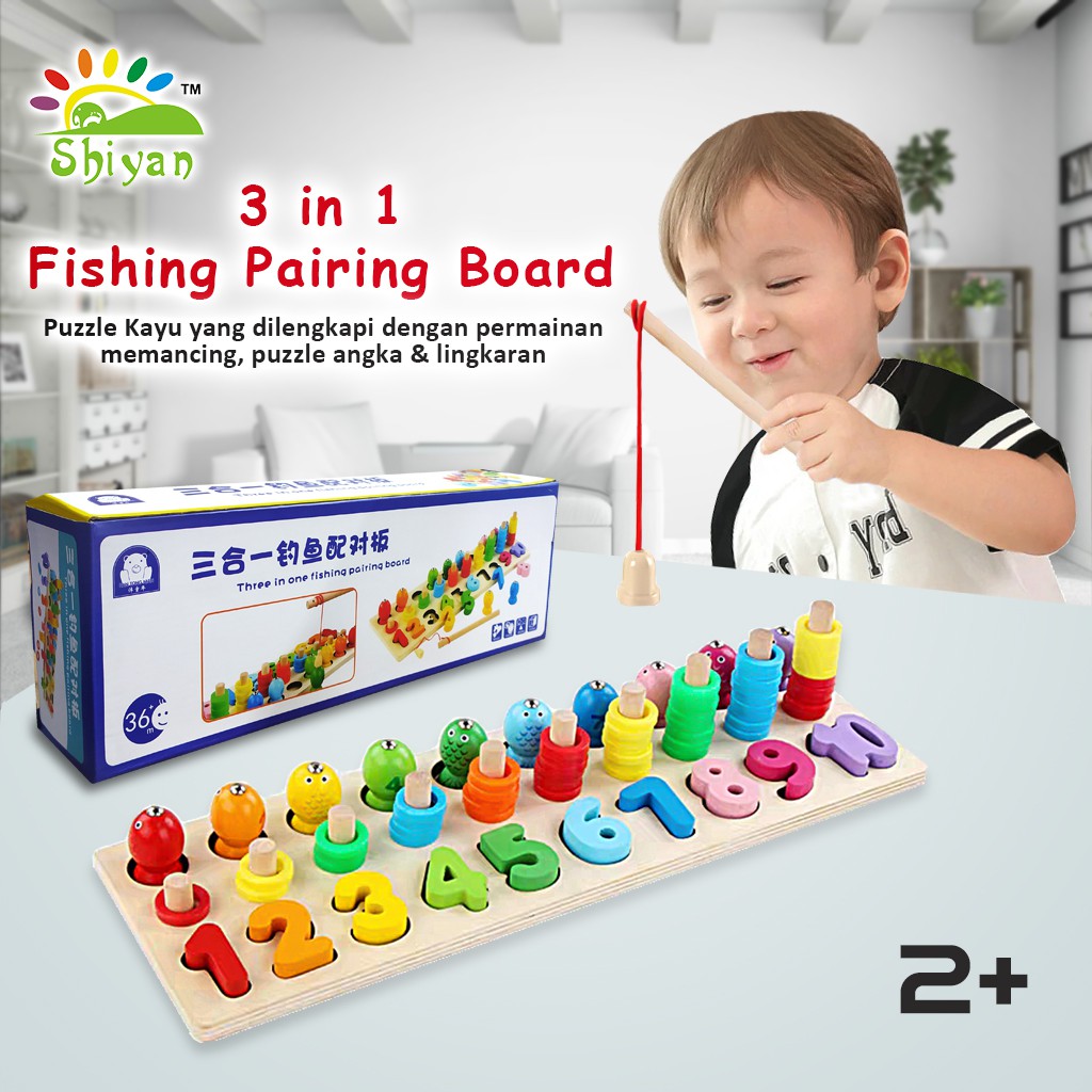 [Shiyan] mainan kayu anak edukasi wooden puzzle 3 in 1 matching board + pancing ikan dengan magnet