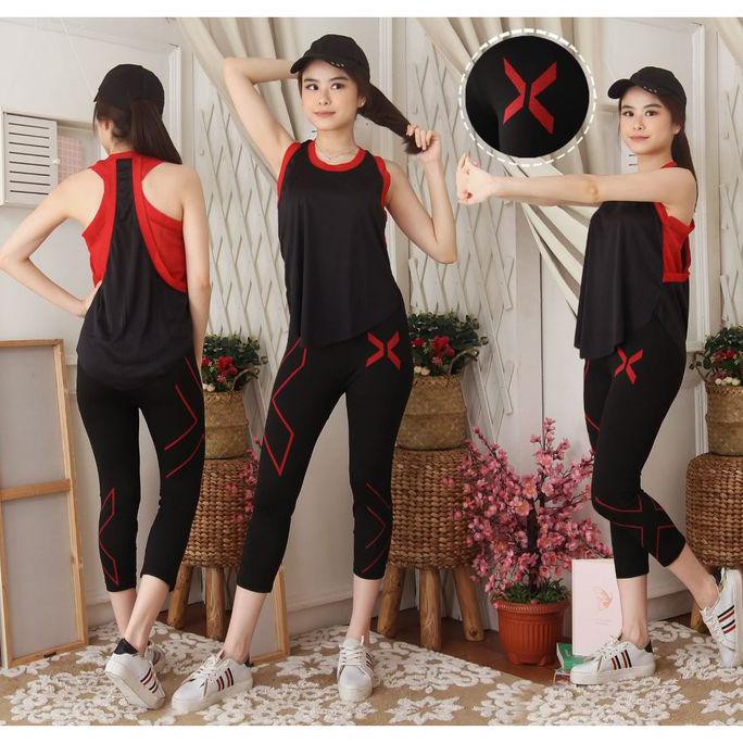 FREEONGKIR setelan baju senam wanita-setelan bj fitness wanita-setelan baju jala - Merah AP319