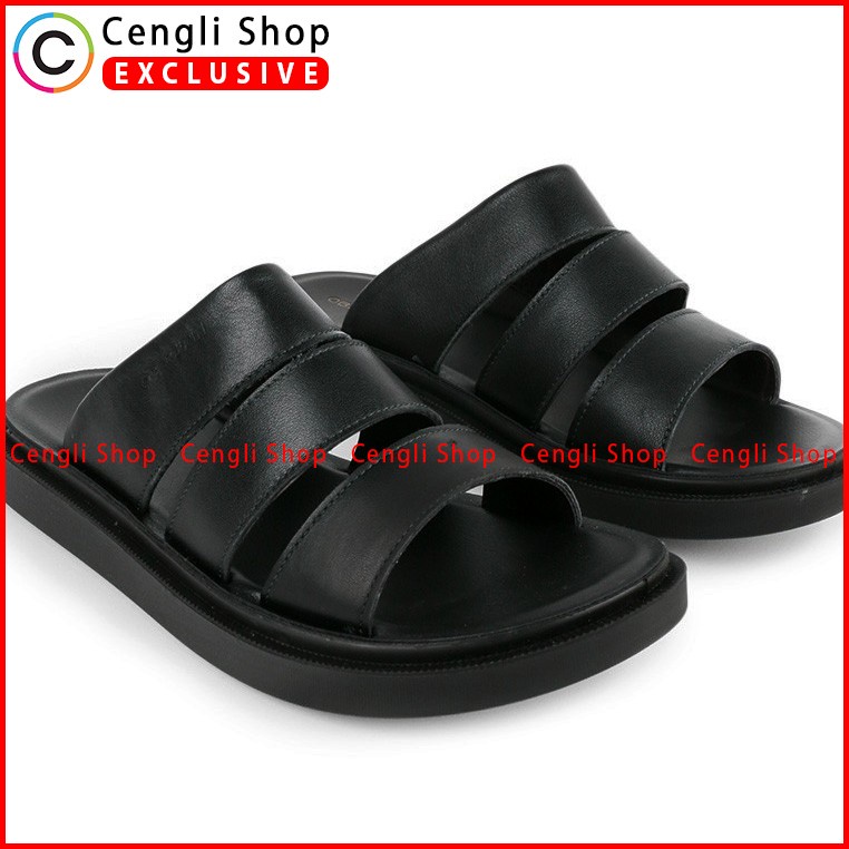 SANDAL KULIT OBERMAIN PRIA ORIGINAL SLIDE CASUAL BRANDED HITAM OM18