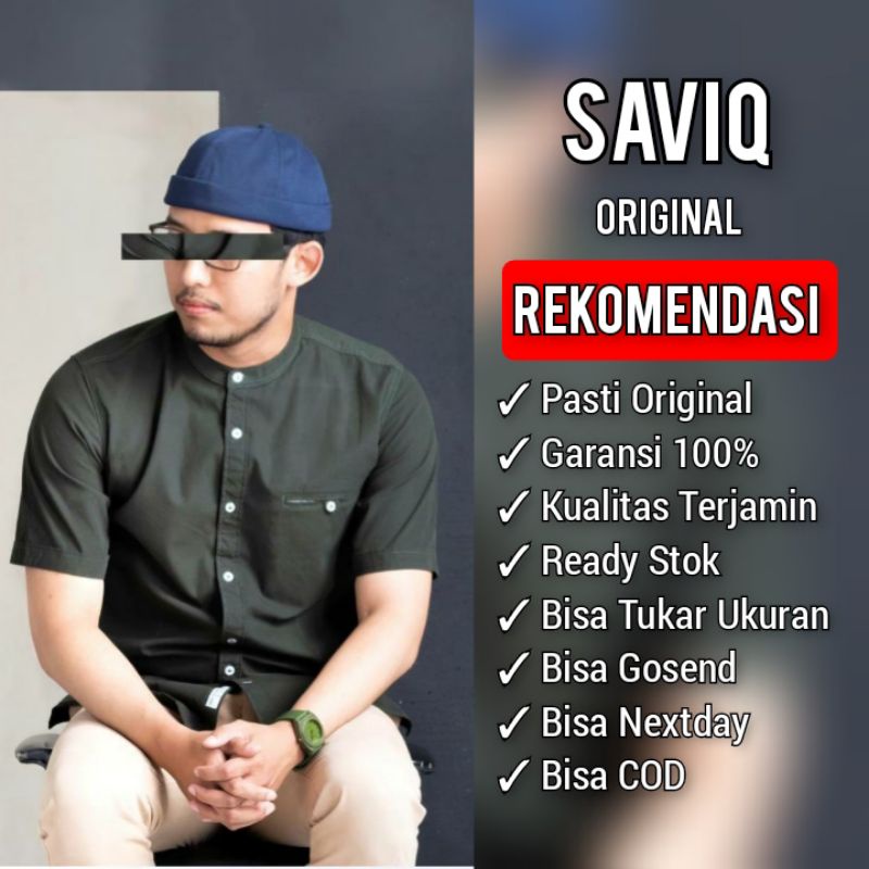 SAVIQ kemko lengan pendek baju muslim polos pria kemeja koko Hijau army kode KQS4003