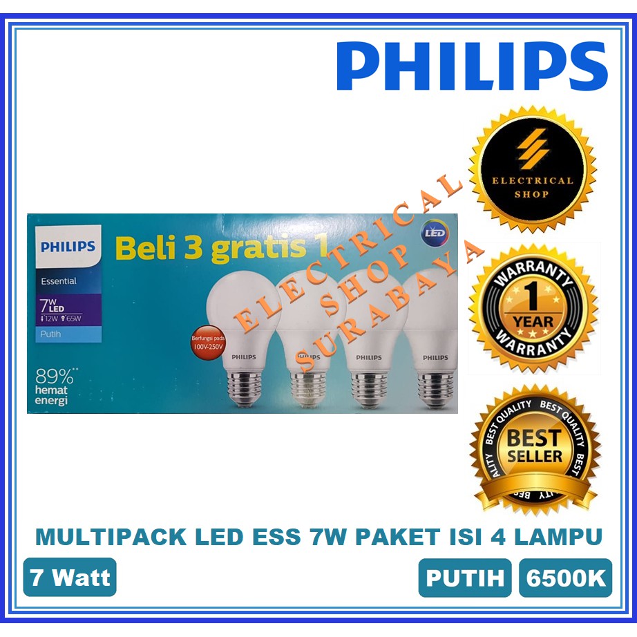 PHILIPS LAMPU LED ESSENTIAL MULTIPACK 7W 7 W WATT PUTIH (GROSIR) ESS BULB BUNDLING PAKET 3 GRATIS 1