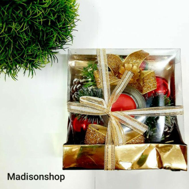 Tempat Lilin Doa Krans Natal Hiasan Dekorasi Kado Natal Pita Gold Pinus Aksesories Lilin