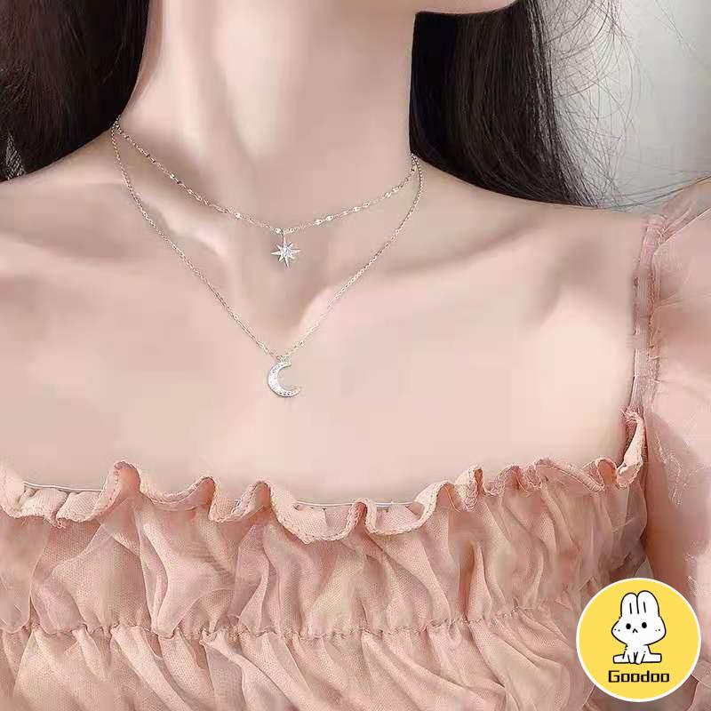 Kalung Rantai Double Layer Bentuk Bulan Bintang Untuk Wanita -Doo