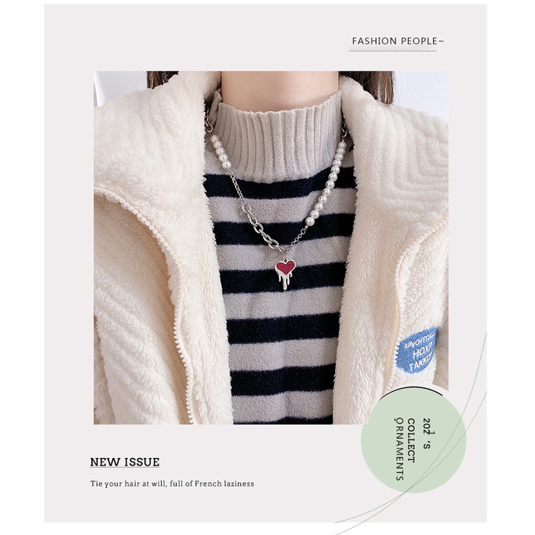 Gaya Korea niche desain Lava Merah cinta liontin kalung sweter in elegan mutiara sweater chain