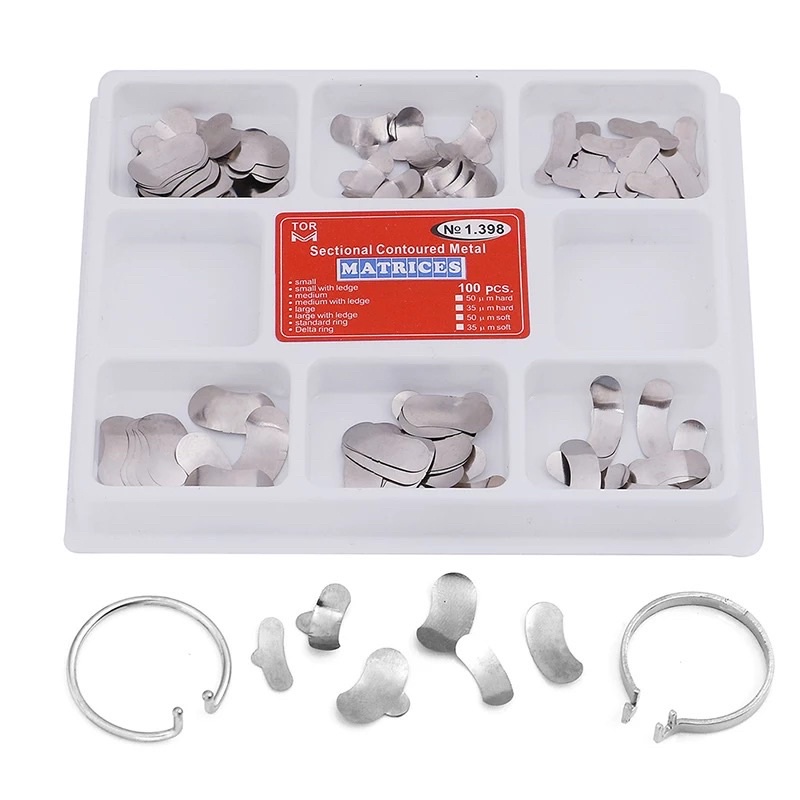 Alice dental sectional contoured matrix metal ginjal band wedges set isi 100 matriks universal gigi