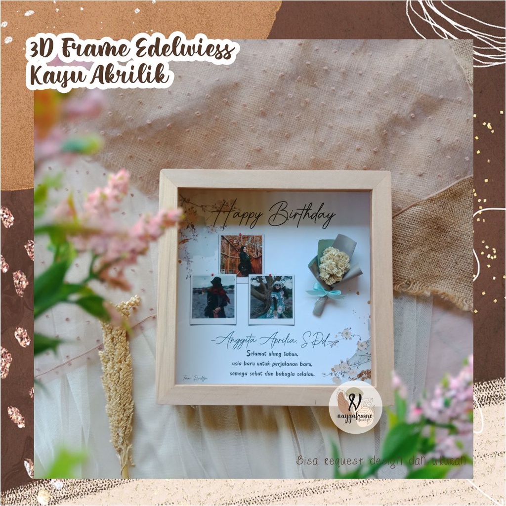 3D 20x20cm Kayu Akrilik  / KADO FRAME 3D/ edelwiess in frame / pigura 3d kayu/KADO wedding wisuda bd