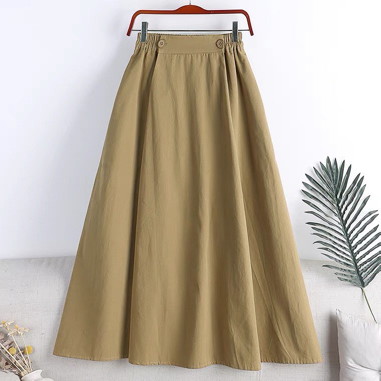 SKIRT PANJANG KOREA - NATHAS SKIRT POLOS LINEN SIZE BESAR KANCING KERUT - BAWAHAN WANITA JUMBO<-Mocca