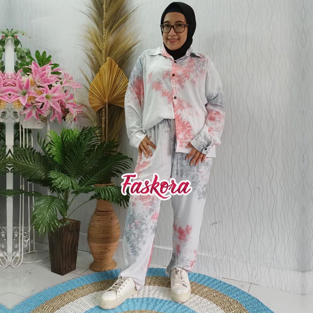 One Set Kemeja Tie dye Wanita Lengan Panjang / Piyama Rayon Jumbo Set Lengan Panjang