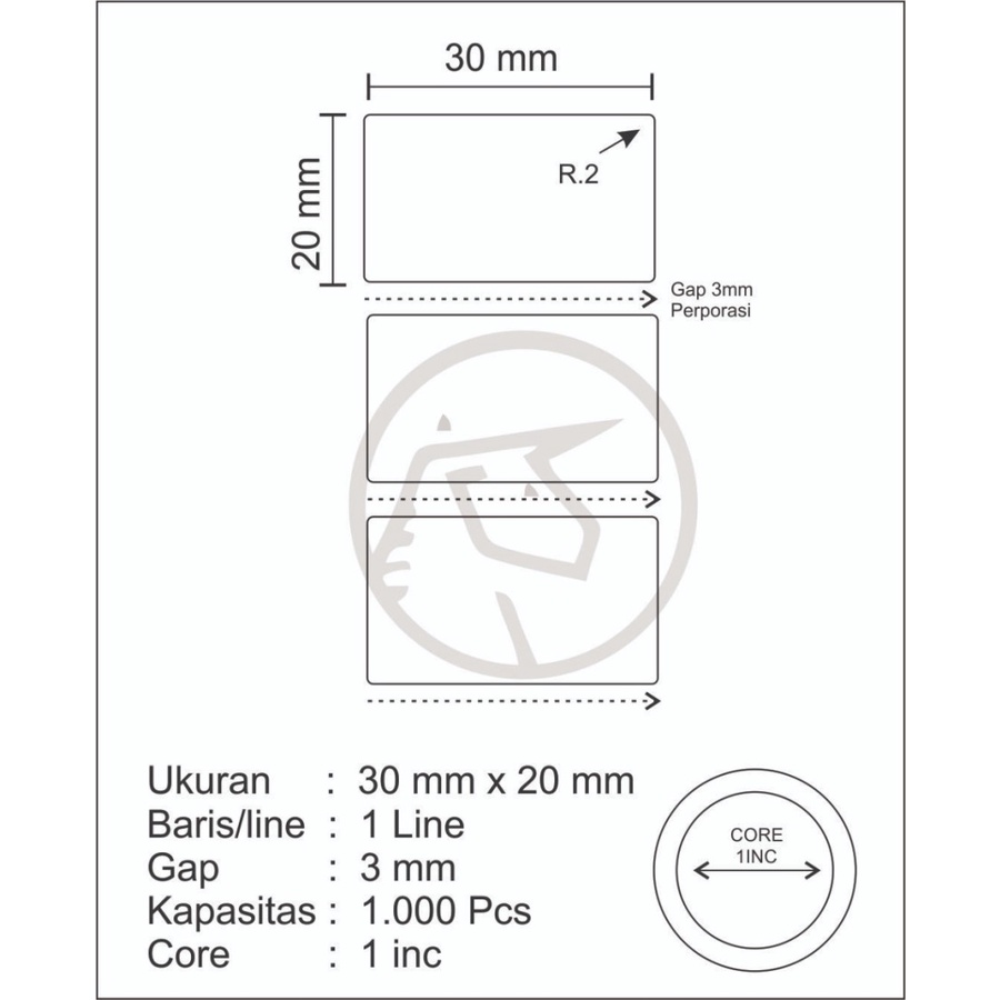 Stiker label Barcode Direct Thermal 30x20mm 1Line Core 1&quot; isi 1000pcs