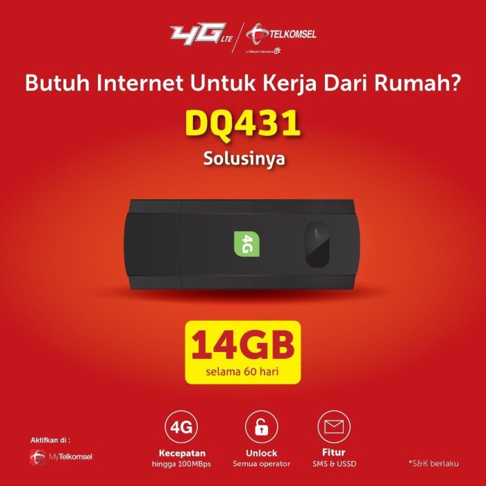 Spesial Modem USB DQ431 Telkomsel 4G LTE FREE 14GB UNLOCK Terjangkau