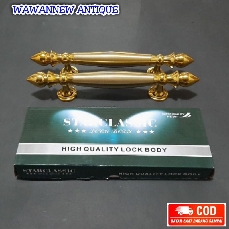 Handle Pintu / Gagang Pintu Rumah Kuningan + 1 Set Body Kunci Motif Sawo 30cm