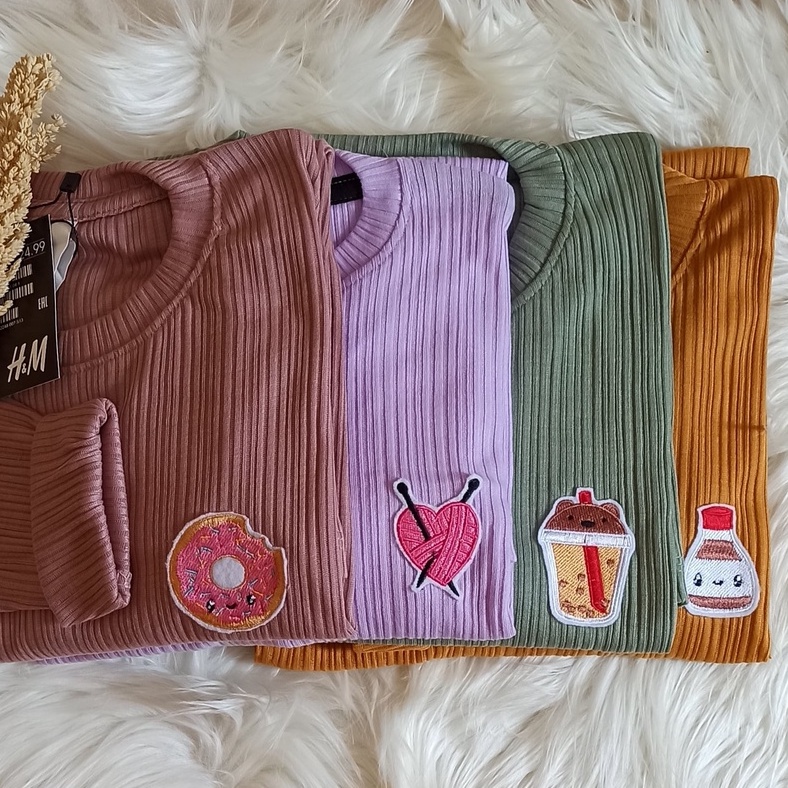 Atasan Premium Kaos Lengan Panjang/ Kaos rib patch bordir