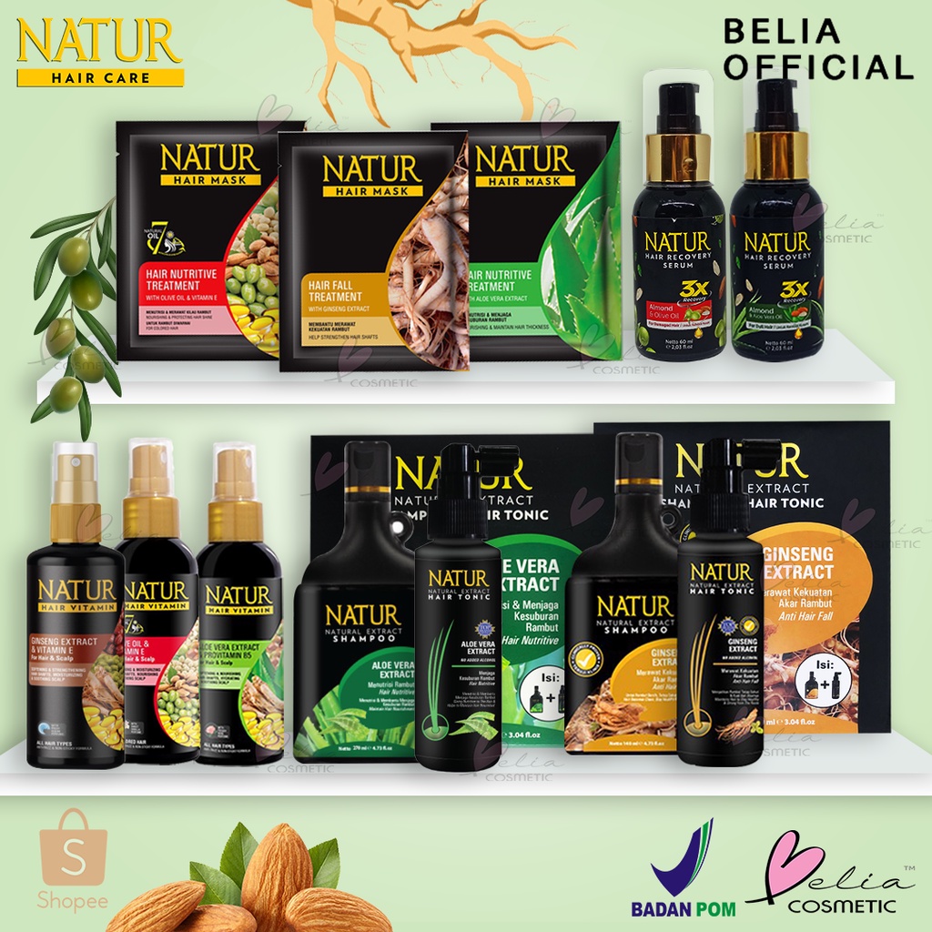 ❤ BELIA ❤ NATUR Hair Mask | Hair Vitamin | 2 in 1 Shampoo &amp; Hair Tonic Ginseng Aloevera(✔️BPOM)