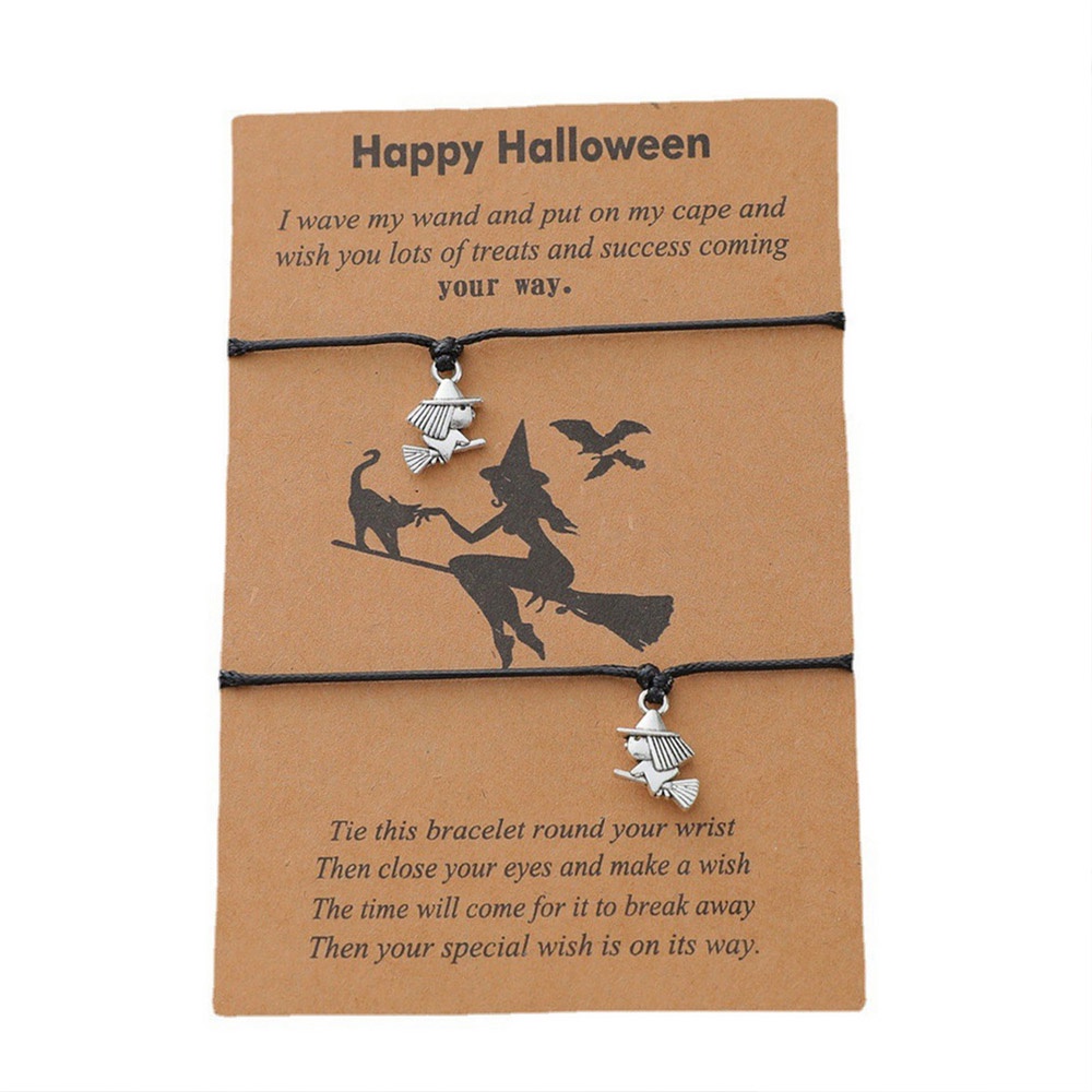 2pcs Gelang Tangan Adjustable Desain Penyihir Labu Hati Halloween Untuk Pasangan