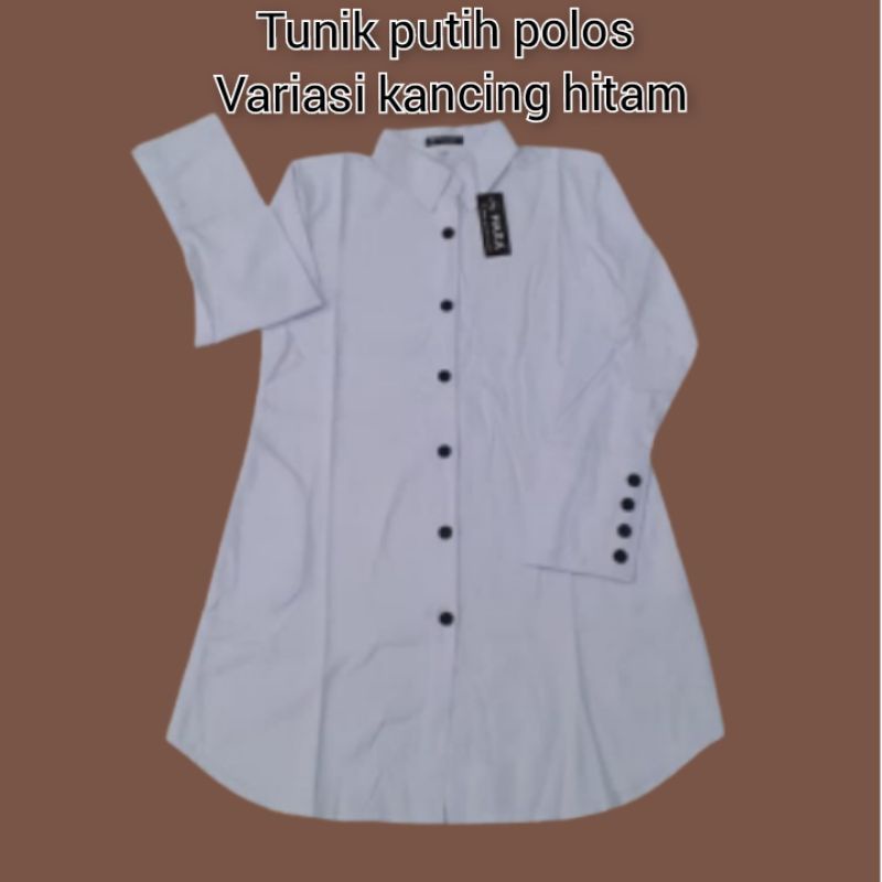 TUNIK HARA PUTIH POLOS VARIASI KANCING HITAM TERBARU/KEMEJA FORMAL WANITA MUSLIM