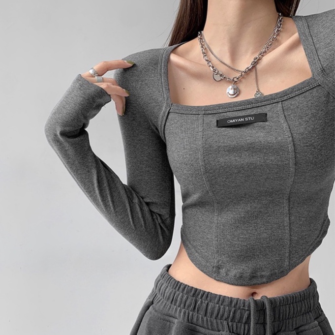 Korean Long Sleeve Square Neck Crop Tee Kaos Atasan Wanita Import Slim Top