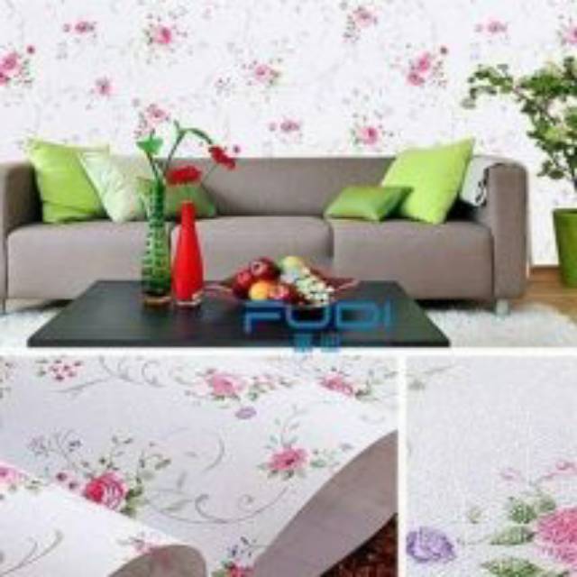 Grosir Murah Wallpaper Sticker Dinding Warna dasar Putih Motif Bunga bunga Pink