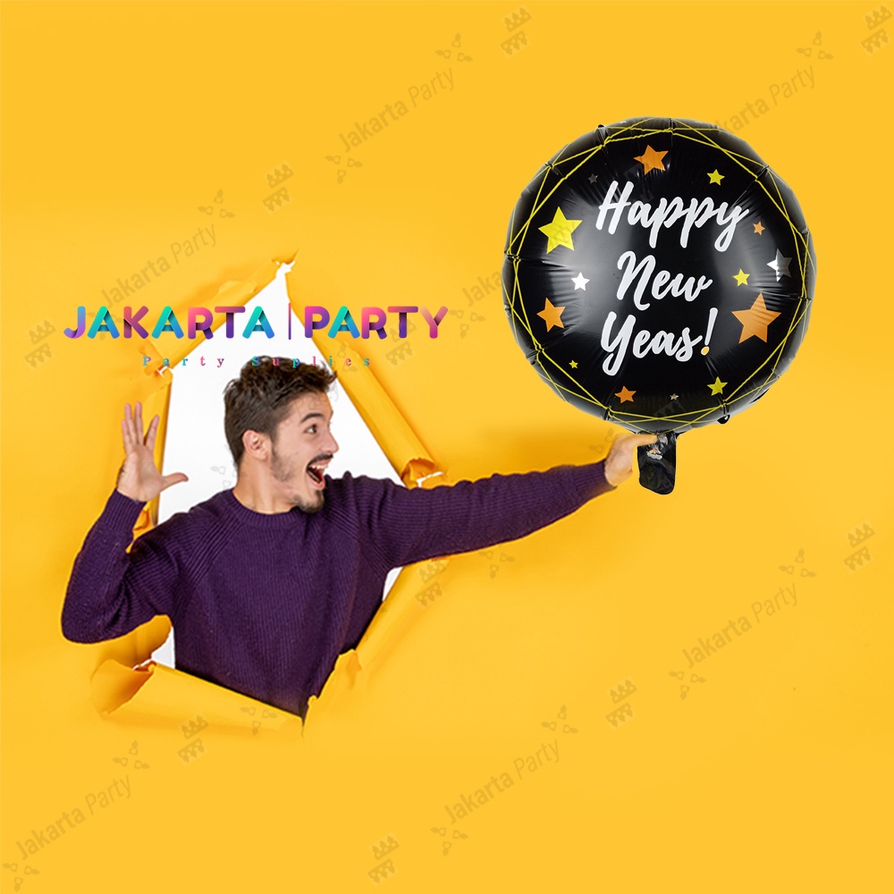 Balon Bulat Happy New Year #2 / Balon Foil Bintang / Balon Bintang