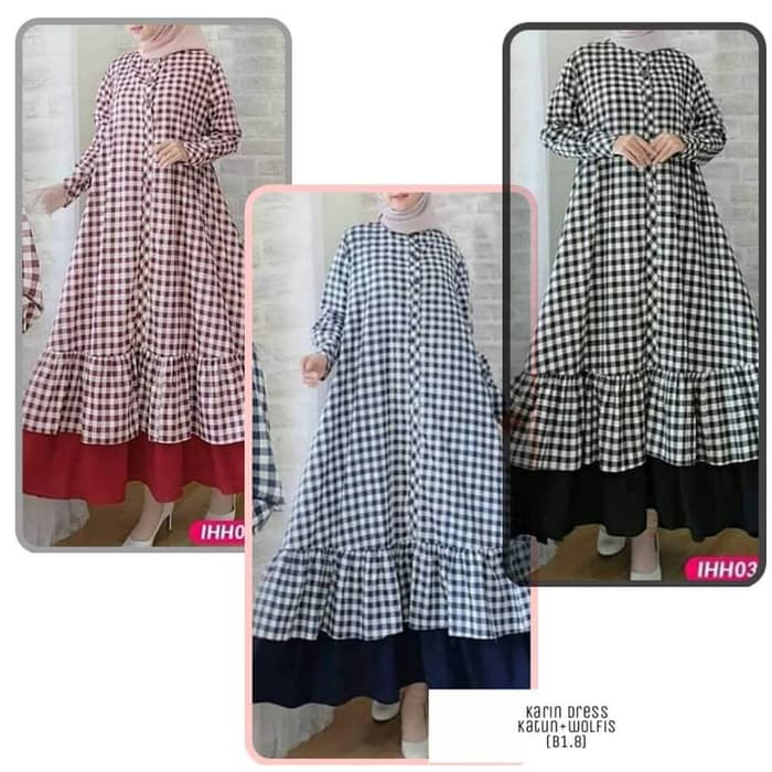 Baju gamis wanita muslimah terbaru motif kotak kotak - Karin dress - Merah