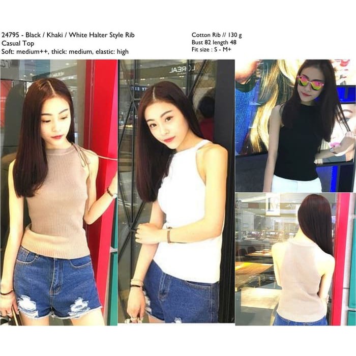 Tank Top Halter Neck Blouse Turtle Neck Sleeveless Putih Hitam Khaki - Putih Best Quality