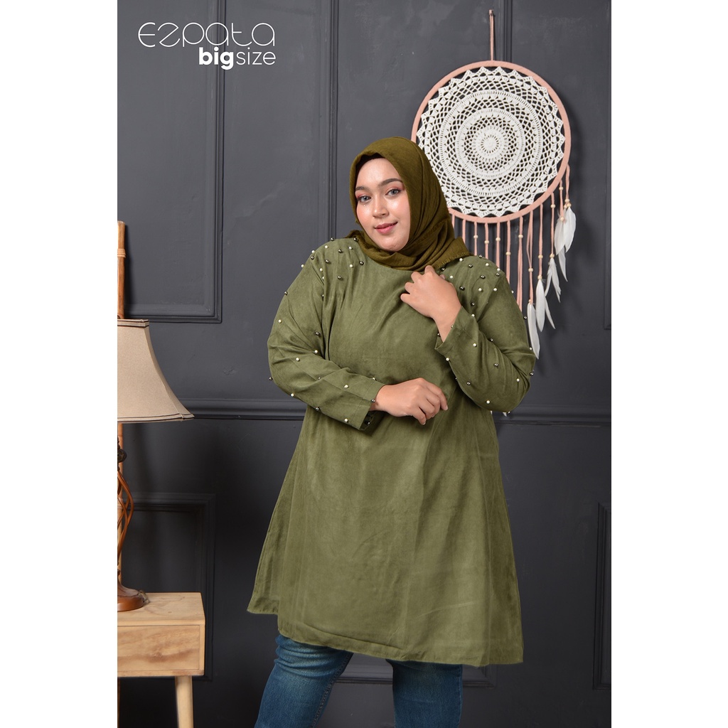 Atasan Wanita Tunik Big size Pesta Formal Jumbo Lengan Panjang Aksen Mutiara LD 130 Bahan Suede Model Terbaru