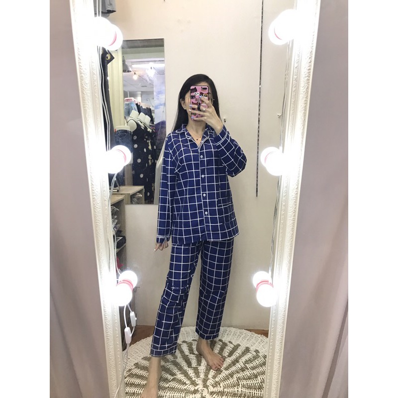 piyama/pajamas kotak&quot; PP katun navy murah.homewear/sleepwear/bajutidur cwe PP tartan biru kekinian