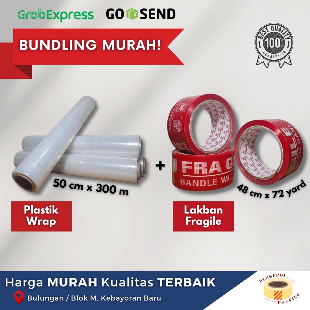 

BUNDLING MURAH STRECH FILM 50CM X 300M + LAKBAN FRAGILE 6 PCS