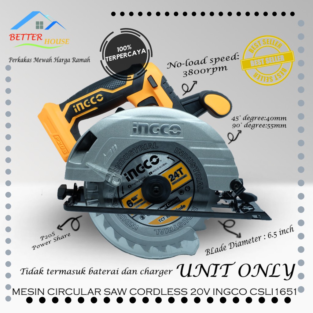 Mesin Circular Saw Cordless 20V 6,5 inch INGCO CSLI1651 UNIT ONLY