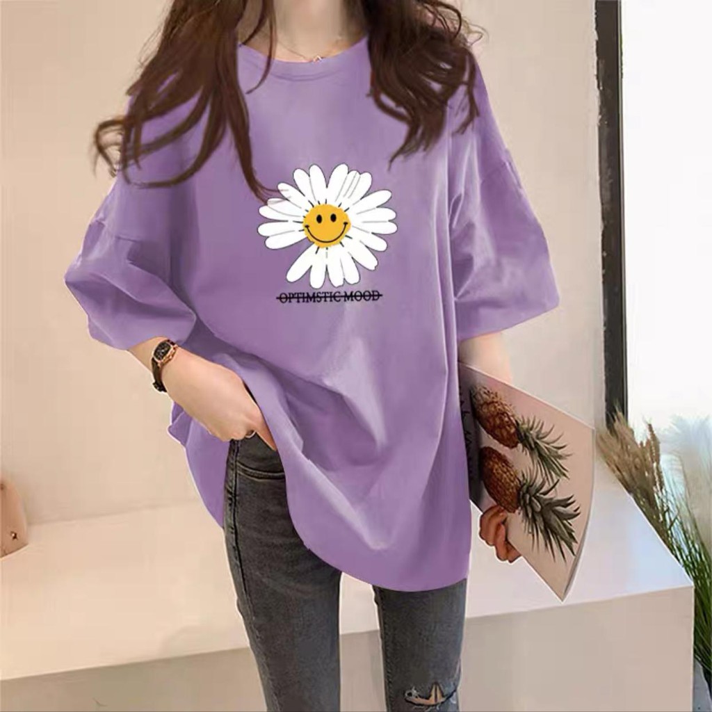 Oversize Tee Tshirt Model Longgar Utk Wanita Motif Daisy Smile