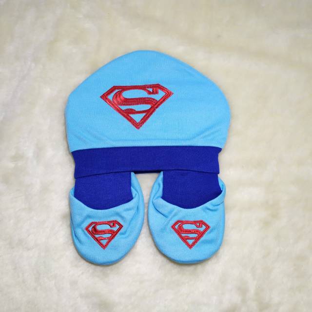 Ss#160 Set Topi Sepatu Bayi 0-6bulan / Topi dan Sepatu Baby motif Superhero/Topi Bayi Gratis Sepatu