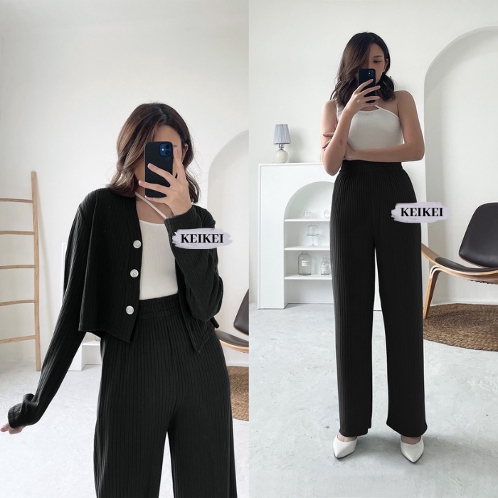 Set Casey Premium Knit (Cardi+Pants) Setelan Baju  Wanita Kekinian Crop & Celana Kulot Premium