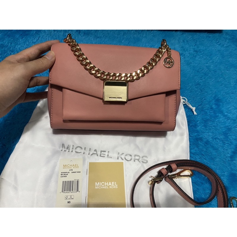tas MK Michael kors Lita medium sunset rose pink peach preloved like new lengkap
