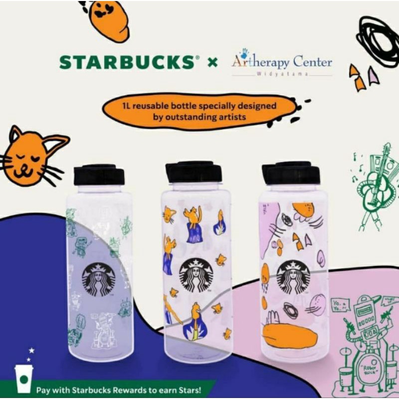 STARBUCKS PLASTIC REUSABLE WATER BOTTLE 1L CAT DOODLE ROBOT ORIGINAL