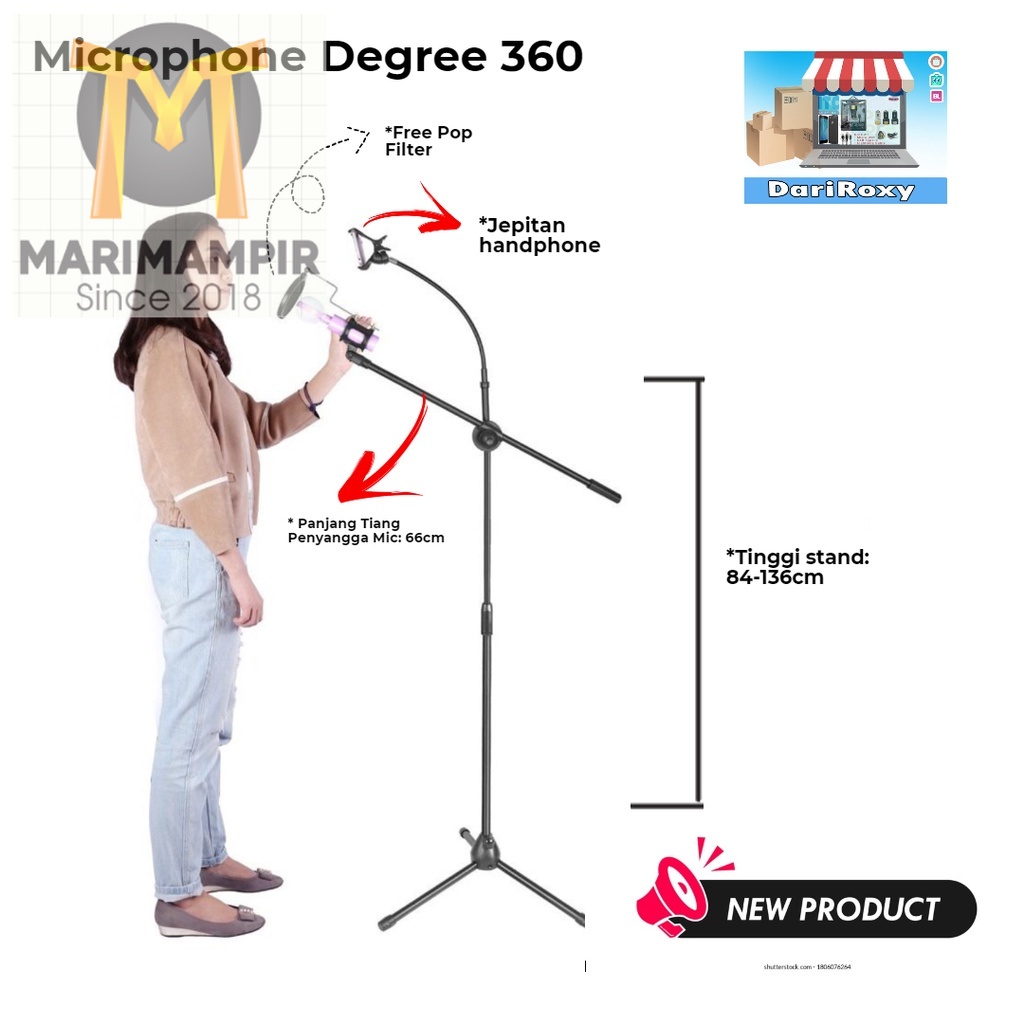 Marimampir Microphone Stand Mic Holder 360 Degree Tripod Mic Berdiri Plus Holder Phone Stand