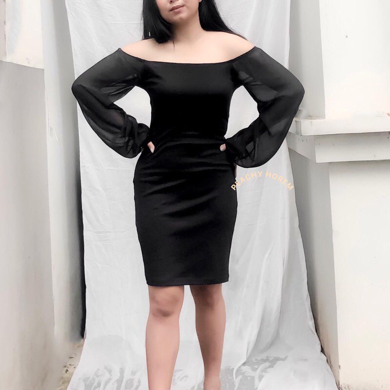DALMI DRESS PEACHYHOREM KOREA CHIFFON HITAM BODYCON